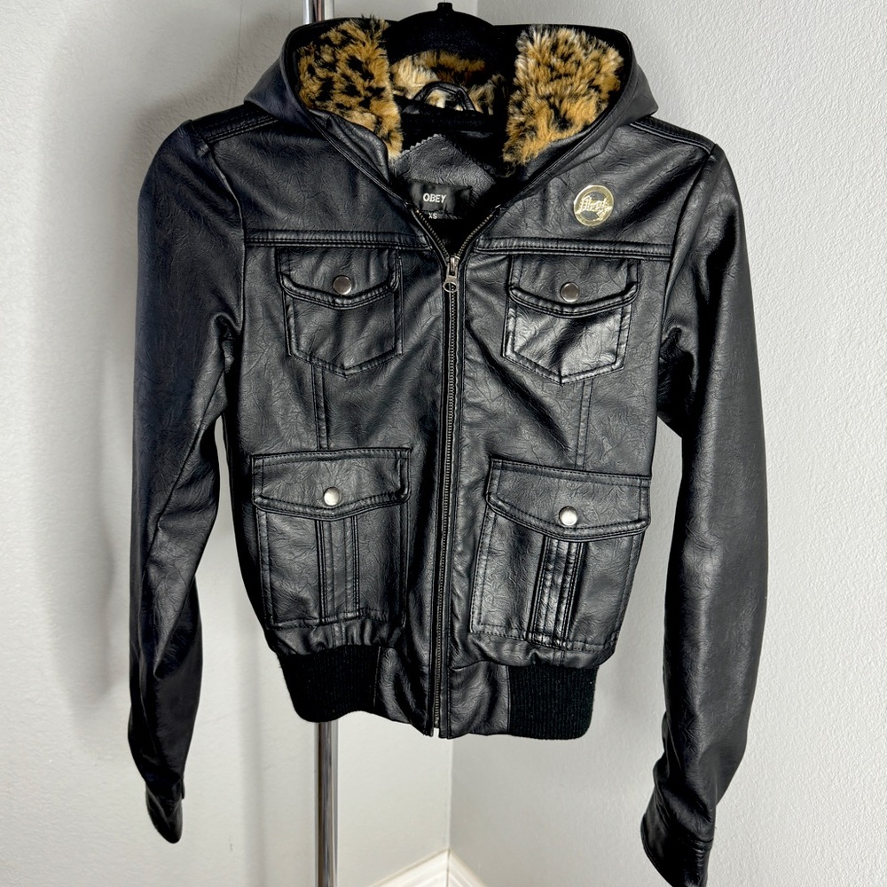 Faux Leather Obey Jacket Cheetah Fur Hood